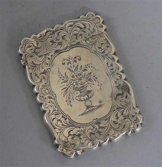 A Victorian silver card case, engraved with vase of flowers, Birmingham, 1859, 10cm.